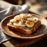 Close-up of toastul with banana and almond butter on sourdoughClose-up of toastul with banana and almond butter on sourdough