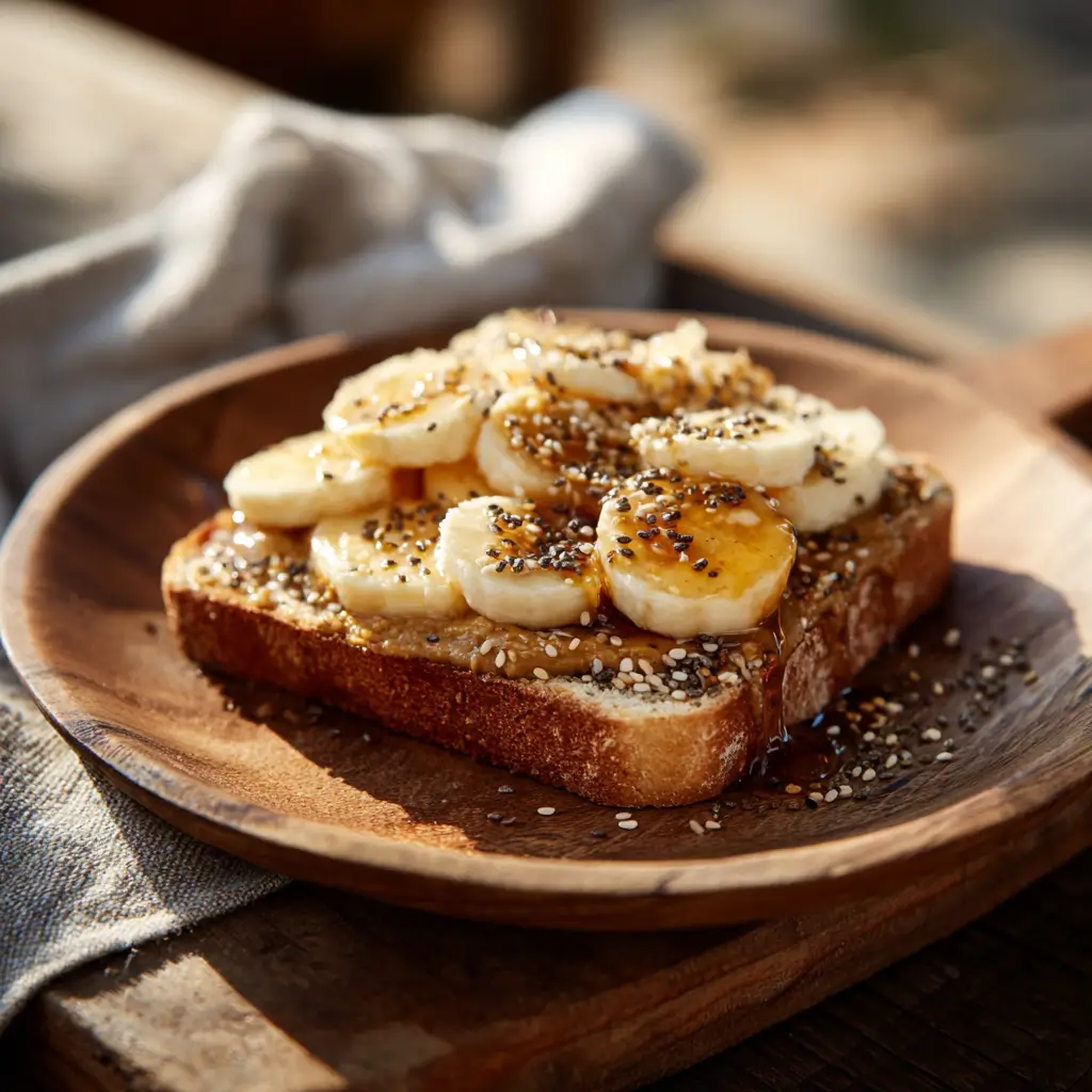 Close-up of toastul with banana and almond butter on sourdoughClose-up of toastul with banana and almond butter on sourdough