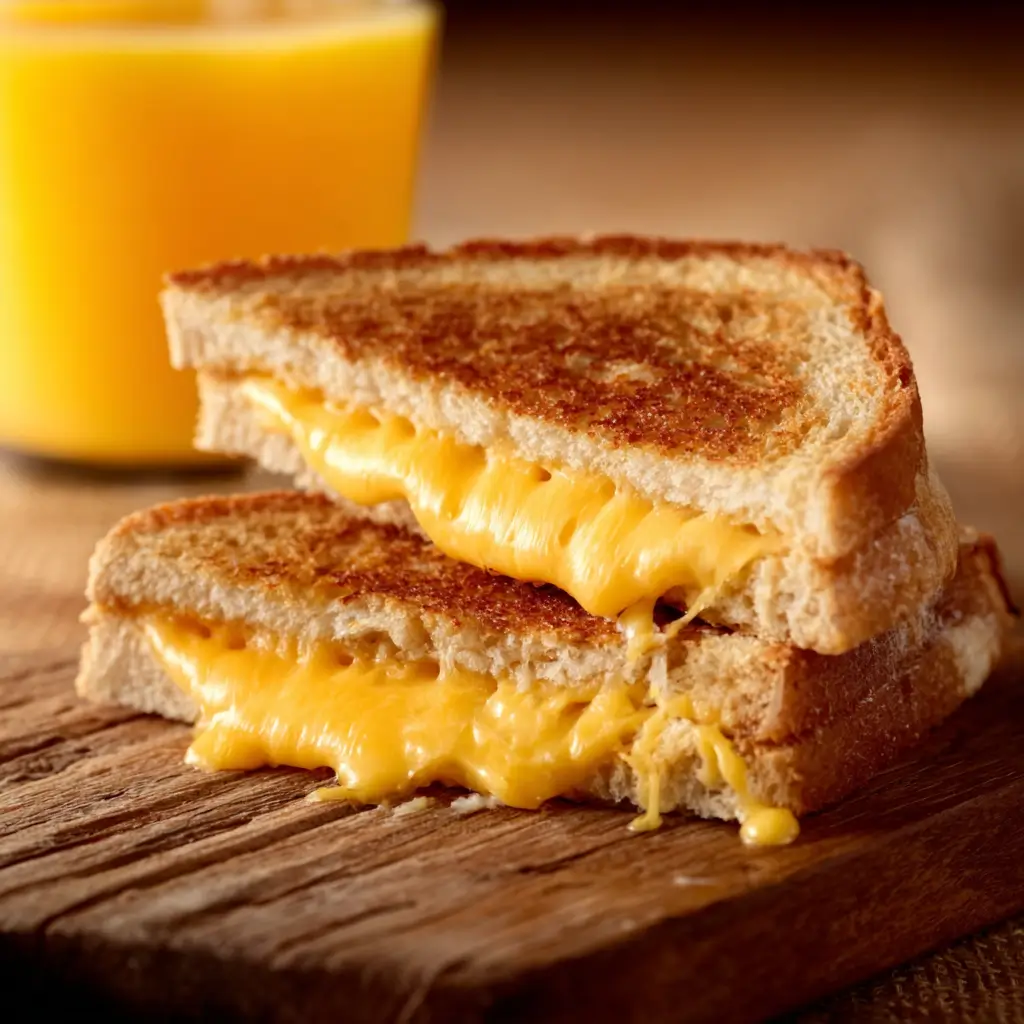 Melted grilled cheese sandwich on toastul bread with orange juice
