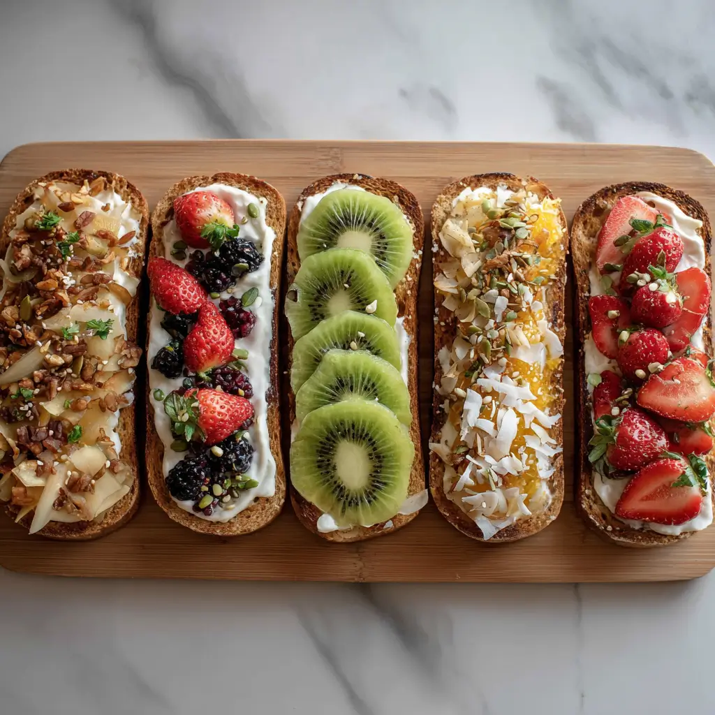Five colorful toastul slices with assorted fruit toppings