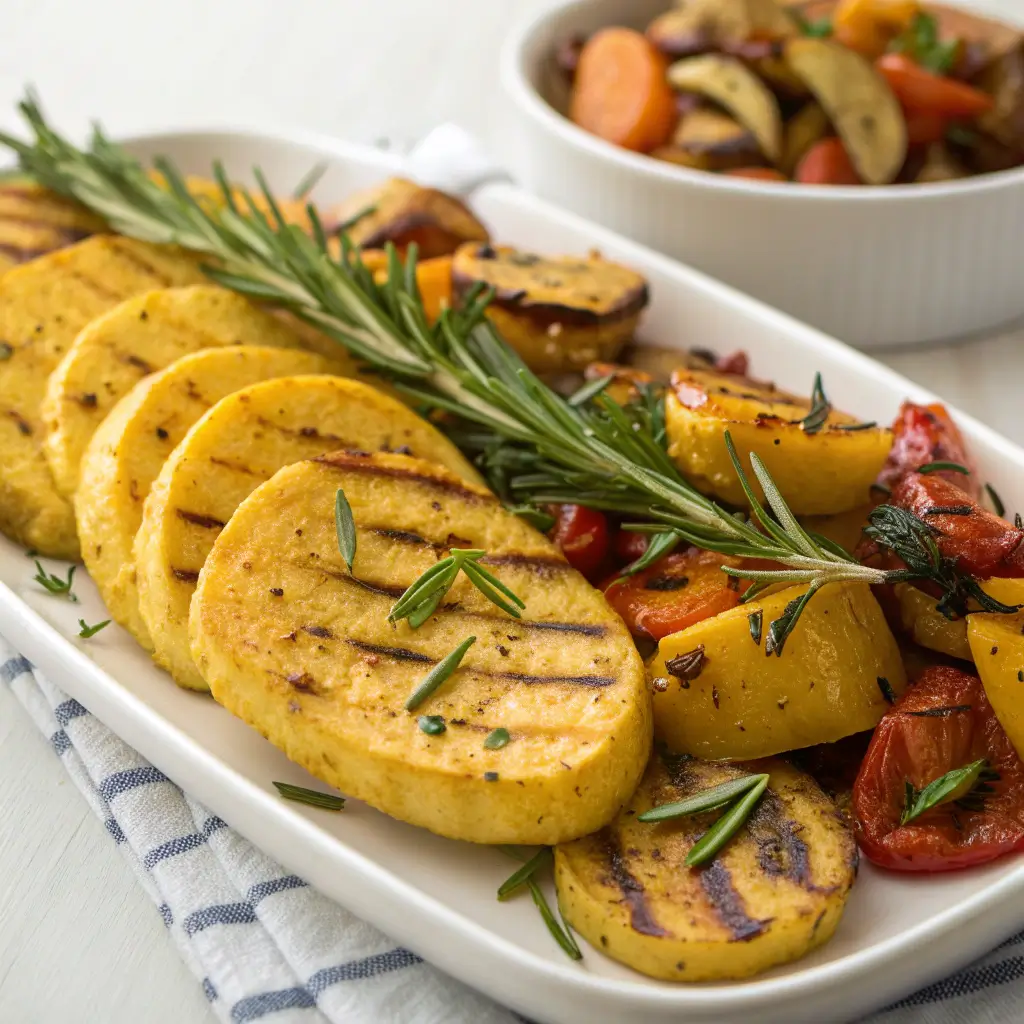 Palentu Recipe: Comforting Cornmeal Dish Made Two Ways 8 Grilled Palentu slices with roasted vegetables