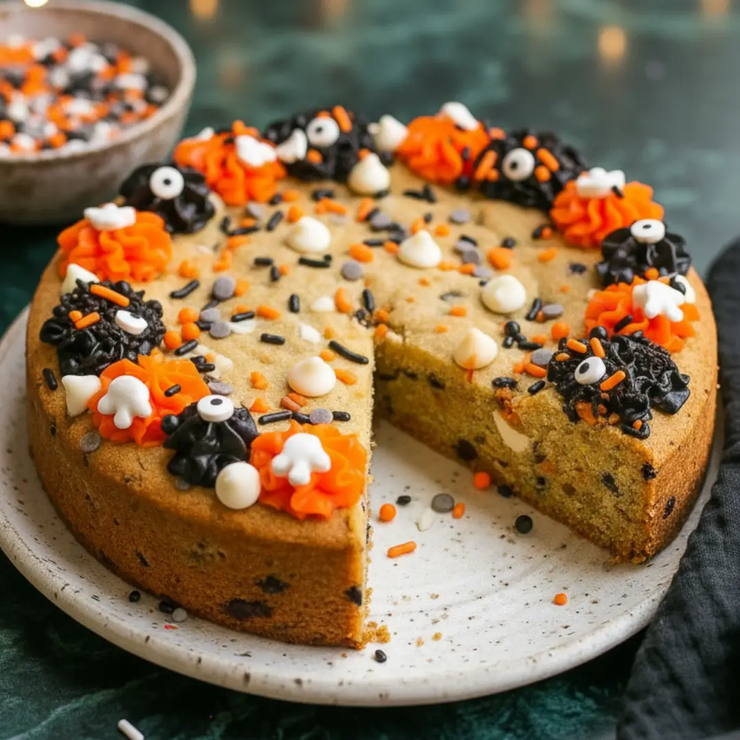 Halloween Cookie Cake: Spooktacular Magic for Your Party! 4 Whole Halloween cookie cake decorated with orange and black frosting, white chocolate chips, and festive sprinkles