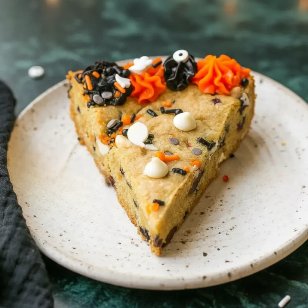 Halloween Cookie Cake: Spooktacular Magic for Your Party! 6 Slice of Halloween-themed cookie cake topped with festive orange and black frosting and sprinkles