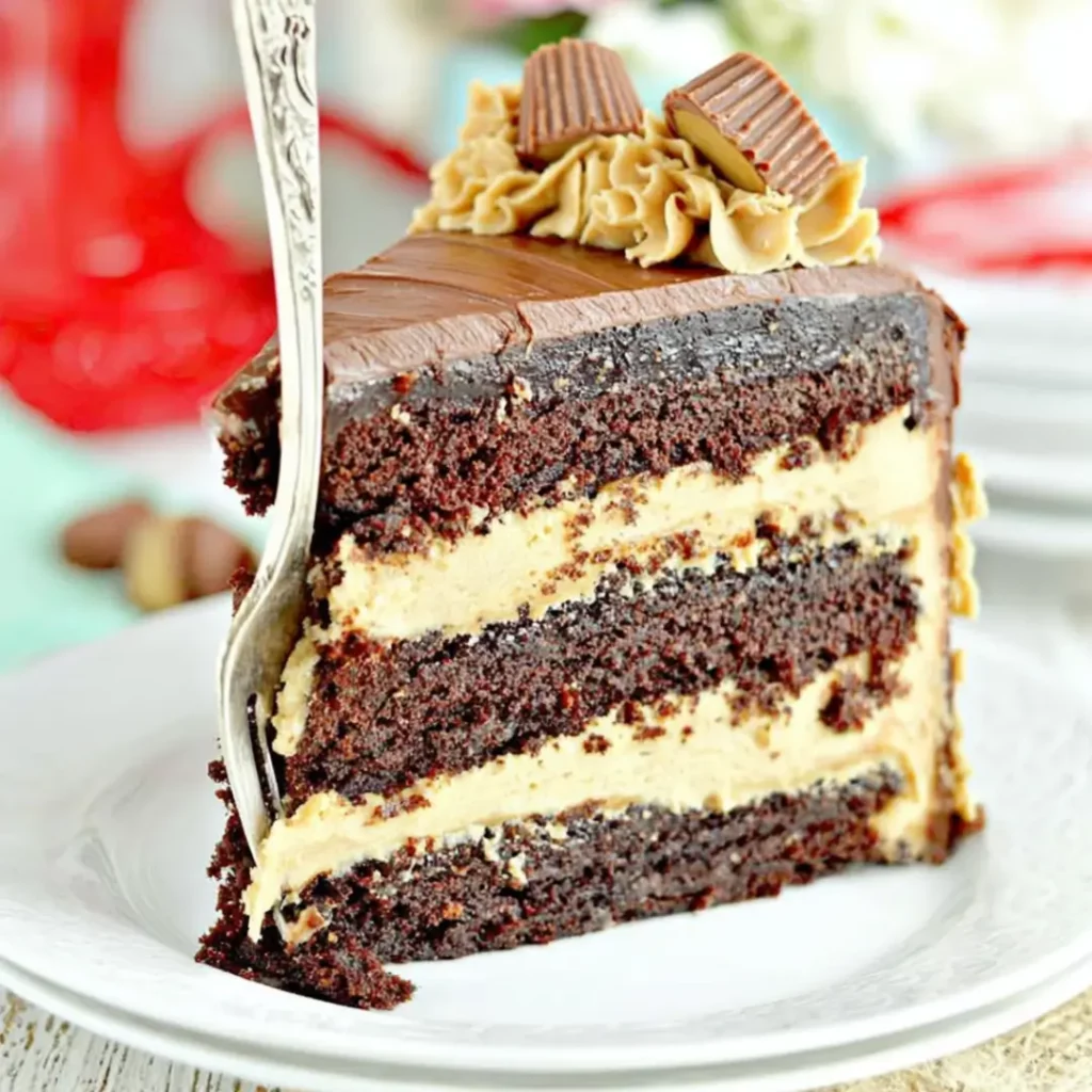 Reese’s Peanut Butter Cake – The Ultimate Rich & Irresistible Chocolate Dessert 8 Slice of Reese’s Peanut Butter Cake served with milk