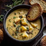 Cheddar Garlic Potato Soup in rustic bowl