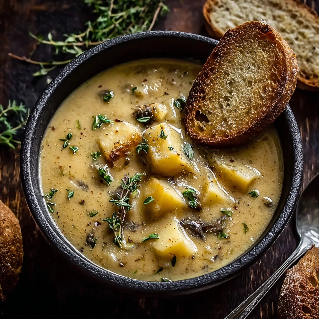 Cheddar Garlic Potato Soup in rustic bowl