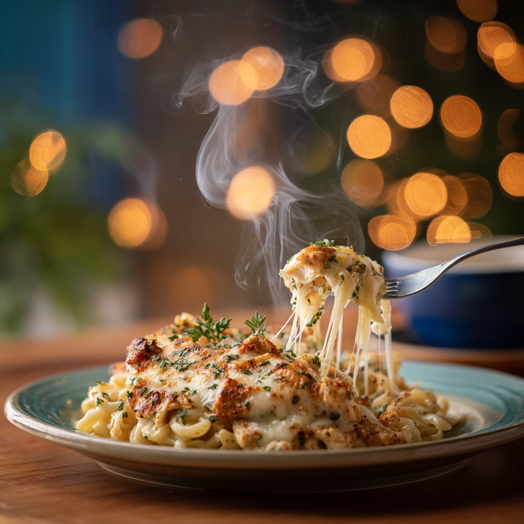 Cheesy chicken pasta served hot