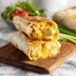 Cheesy garlic chicken wraps crispy and gooey on wooden board