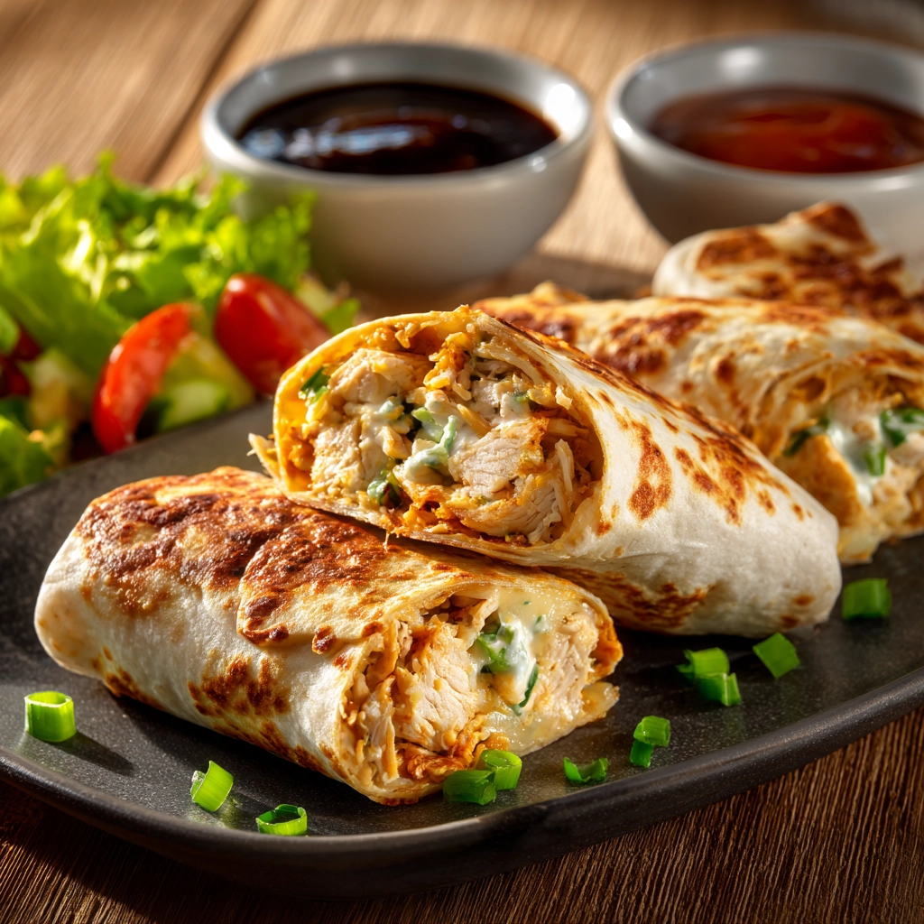 Cheesy garlic chicken wraps served with salad and dip