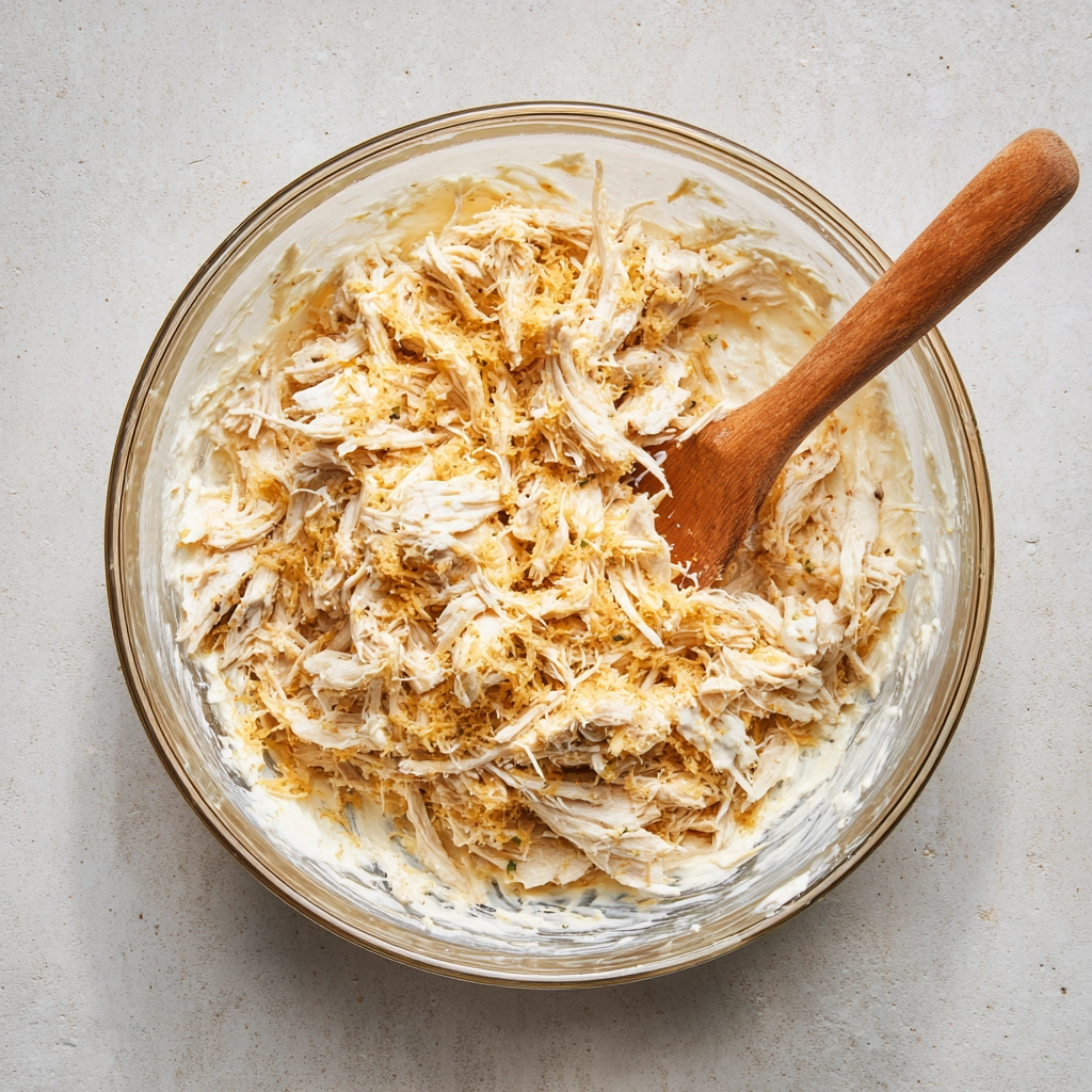 Mixing chicken and garlic filling for cheesy wraps