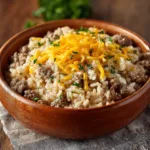 Cheesy Hamburger Rice Casserole baked golden and creamy