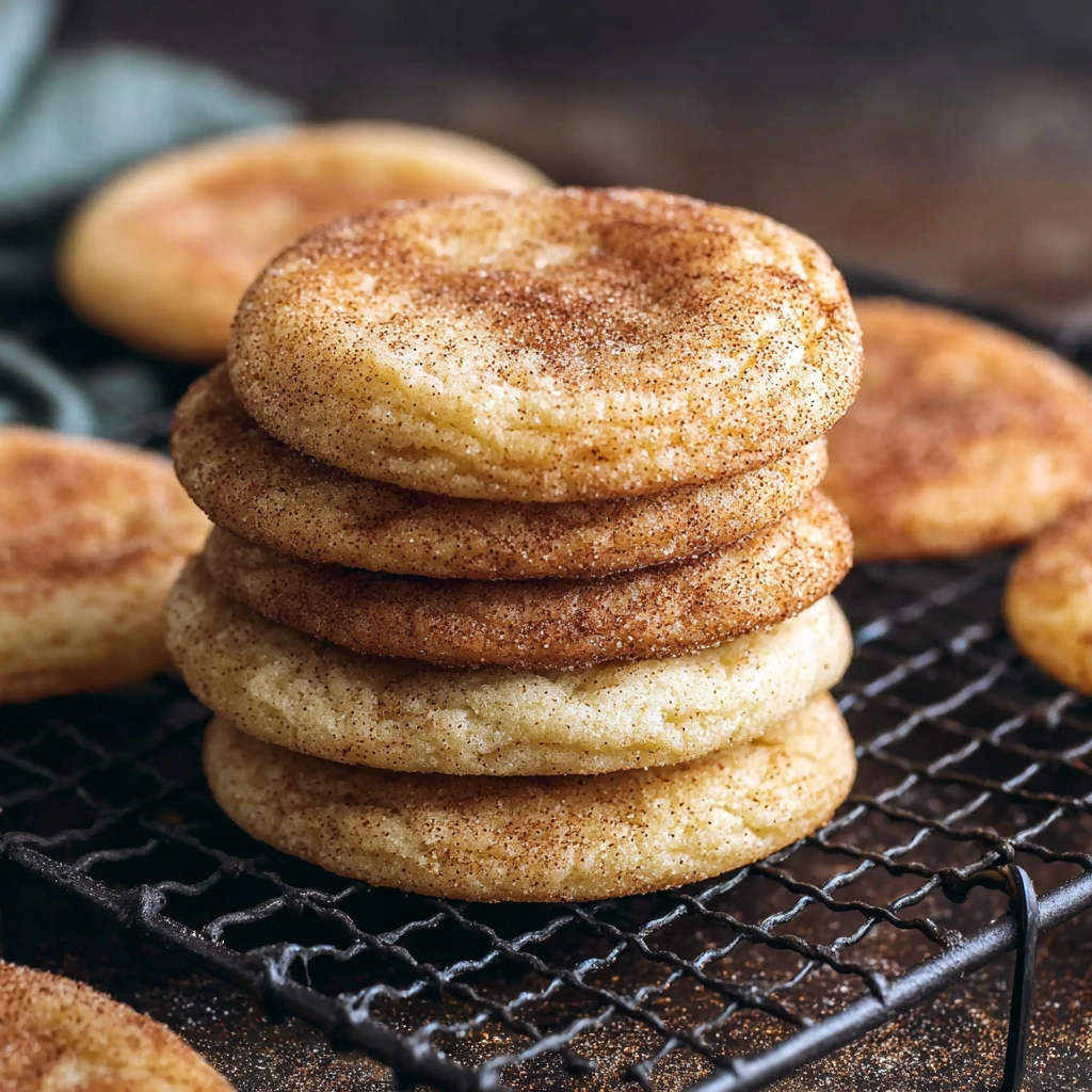 Chewy snickerdoodles stacked on rustic wooden table