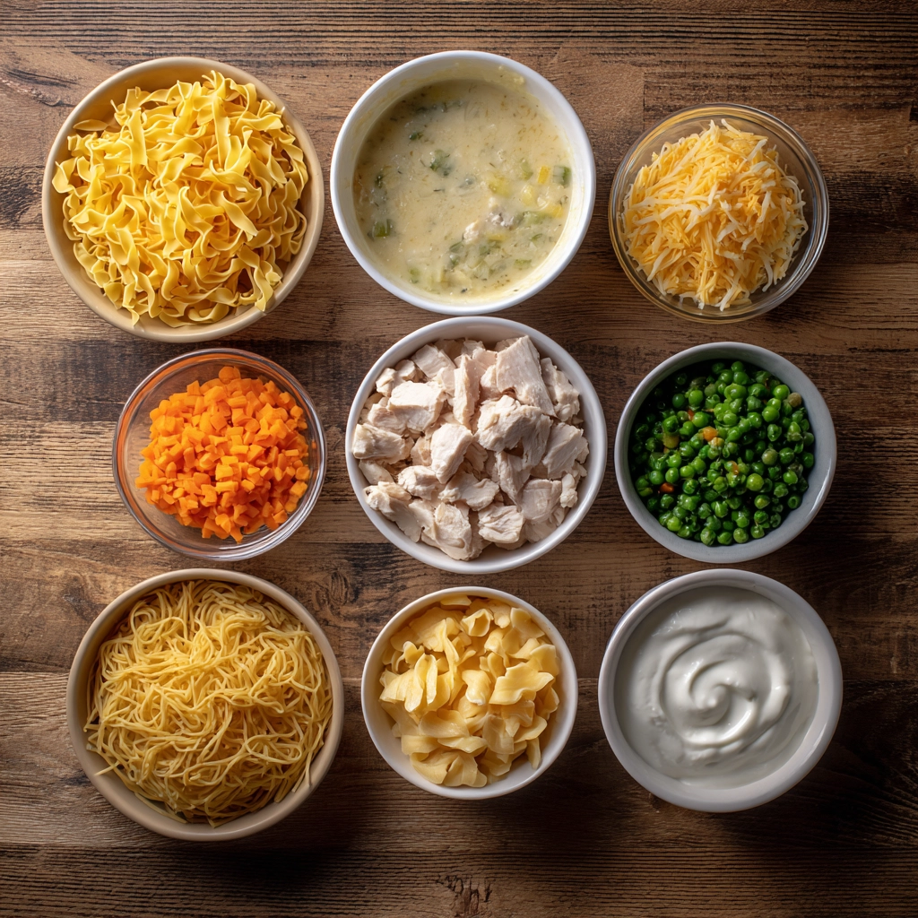 Ingredients for chicken pot pie casserole including noodles, chicken, and cheese