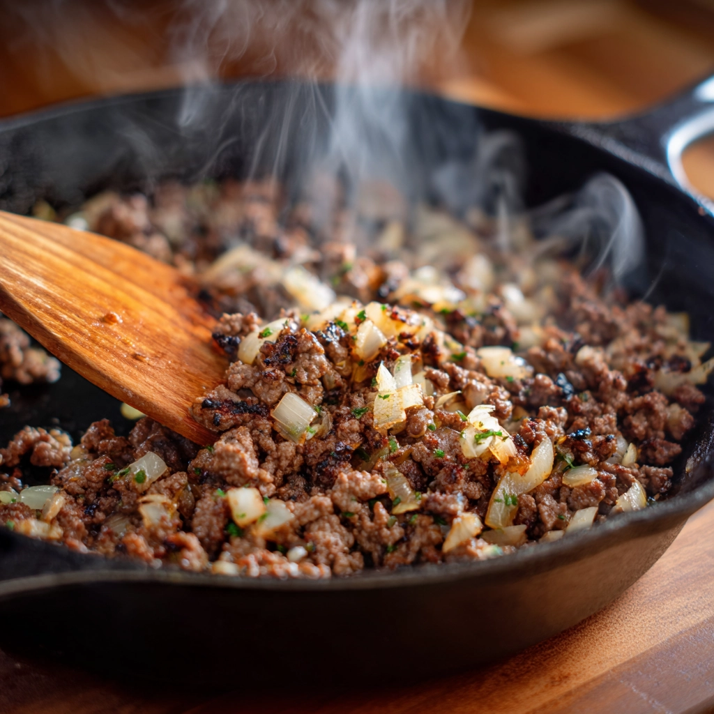 Cooking ground beef for cheesy hamburger rice casserole