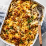 hobo casserole baked with ground beef, potatoes, and cheese