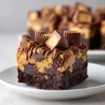 “serving peanut butter cup dump cake with ice cream on rustic plates”