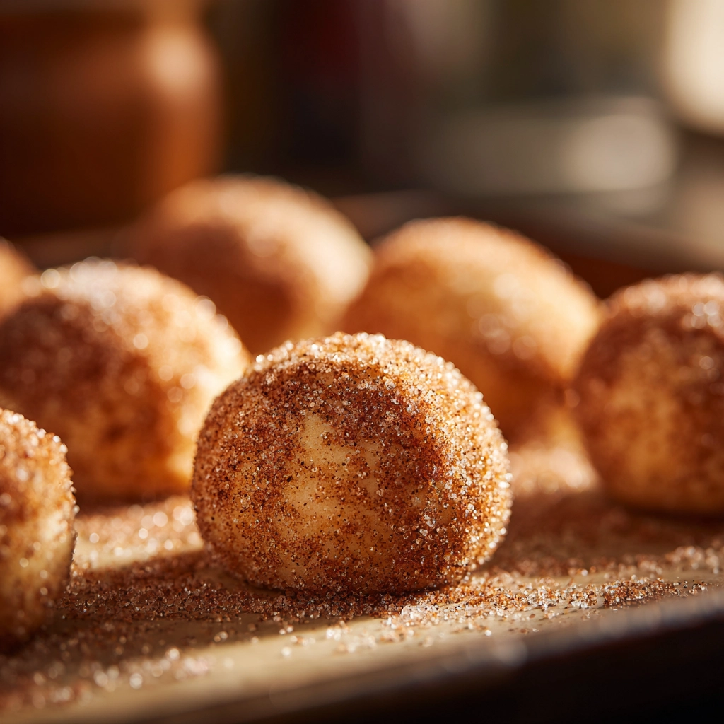 Rolling chewy snickerdoodle dough in cinnamon sugar