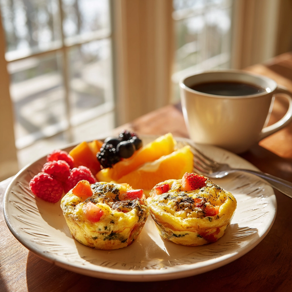 Breakfast Egg Muffins: The Perfect On-the-Go Morning Bite 8 Served breakfast egg muffins with fruit and coffee