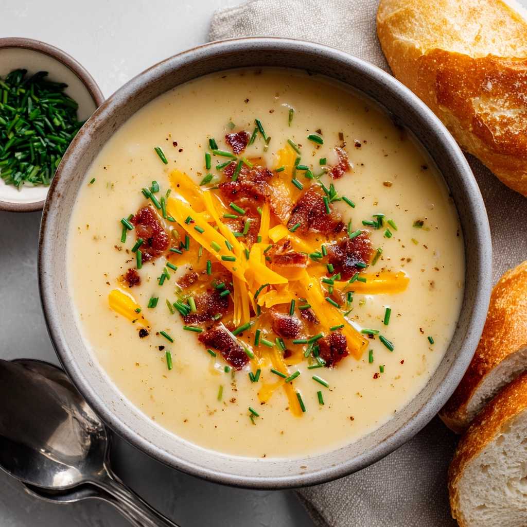 Served bowl of cheddar garlic potato soup
