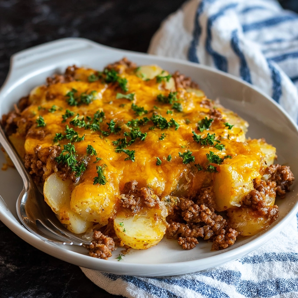 Cheesy Ground Beef Potato Casserole: A Family-Favorite Comfort Dish 8 serving of cheesy beef potato casserole on plate