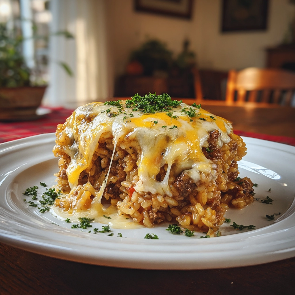 Serving cheesy hamburger rice casserole on dinner plate
