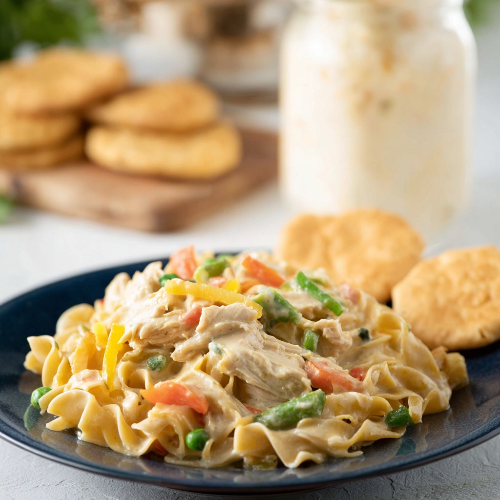 Serving of creamy chicken pot pie casserole with biscuit