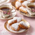 Vanilla French Beignets stacked with powdered sugar