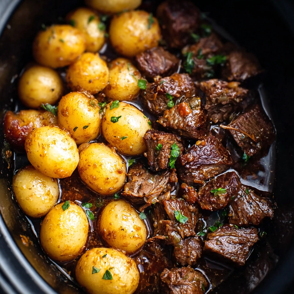 Slow Cooker Garlic Butter Beef Bites with Potatoes
