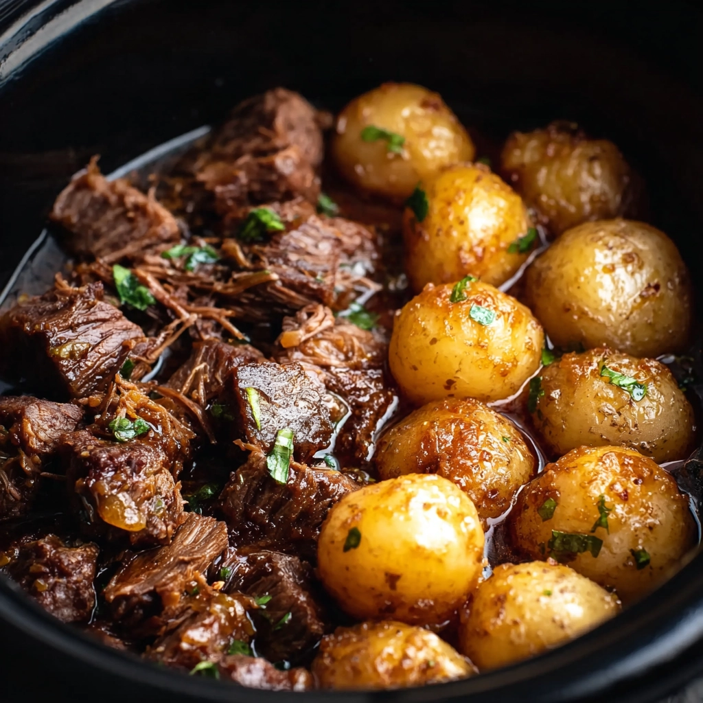 Slow Cooker Garlic Butter Beef Bites with Potatoes