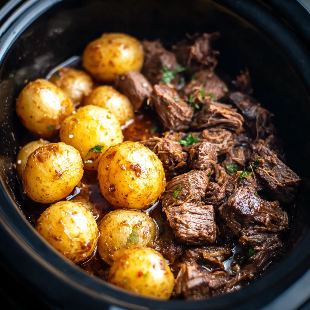 Slow Cooker Garlic Butter Beef Bites with Potatoes